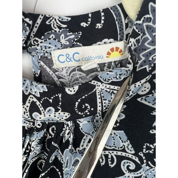 C&C California Women's Top 1X Black Blue White Floral Blouse Shirt Mock Neck L/S - Picture 2 of 8